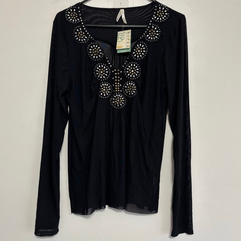 Roper Black Long Steeve Studded V-neck Top Size Large NWT